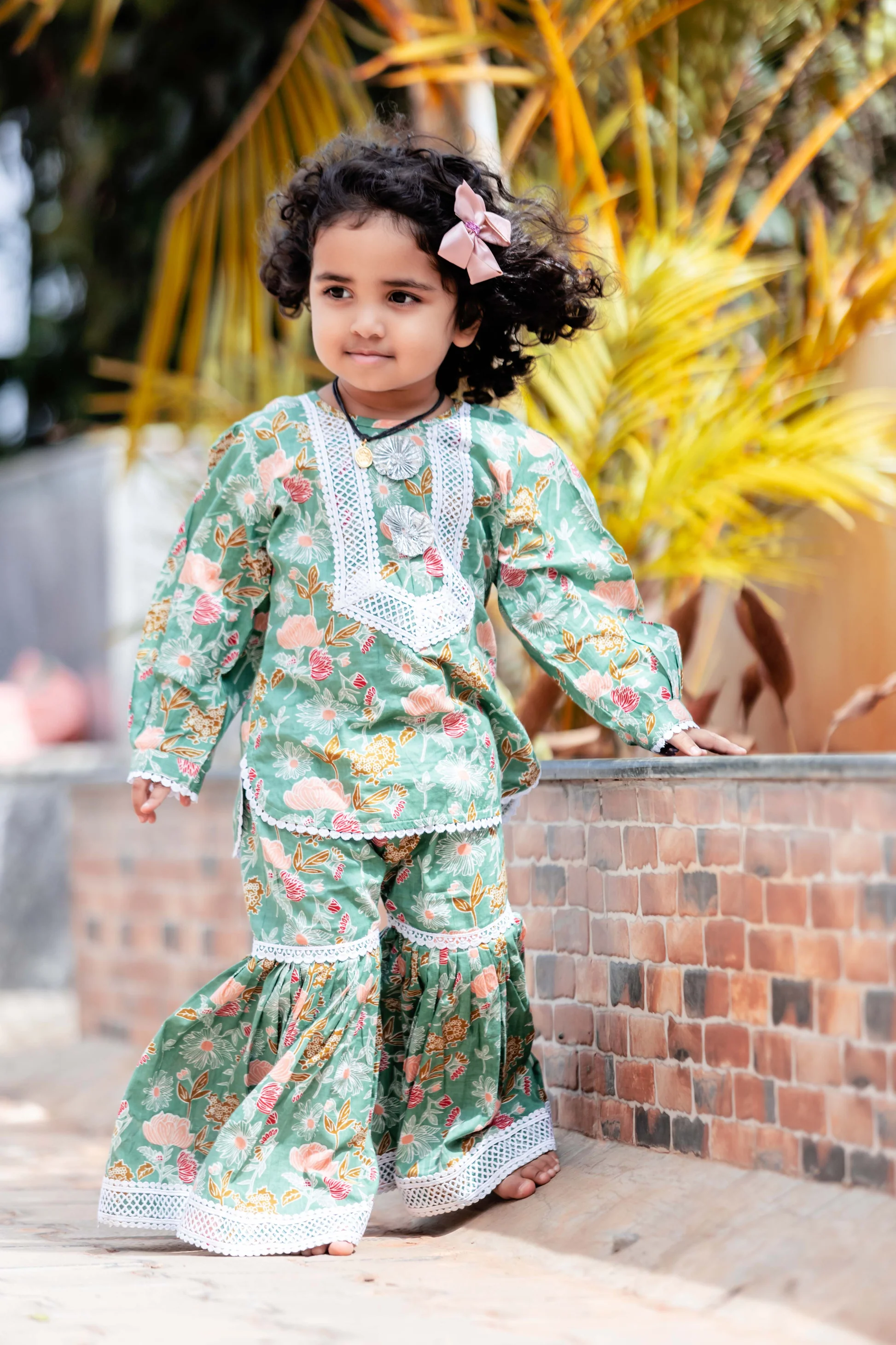 Kids’ Mint Green Printed Sharara Set with Gotta Lace