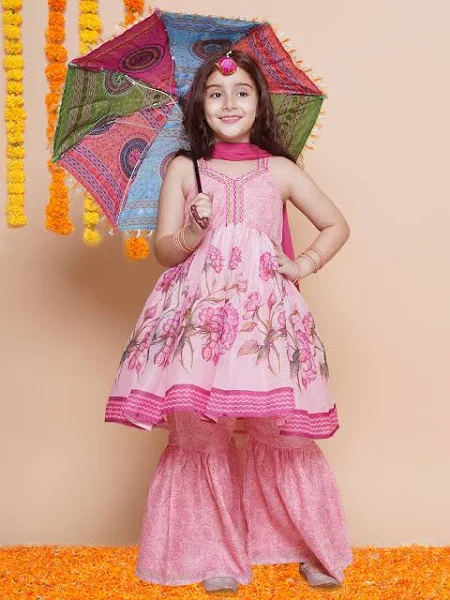 Kids’ Blush Pink Tiered Kurti with Printed Sharara Set