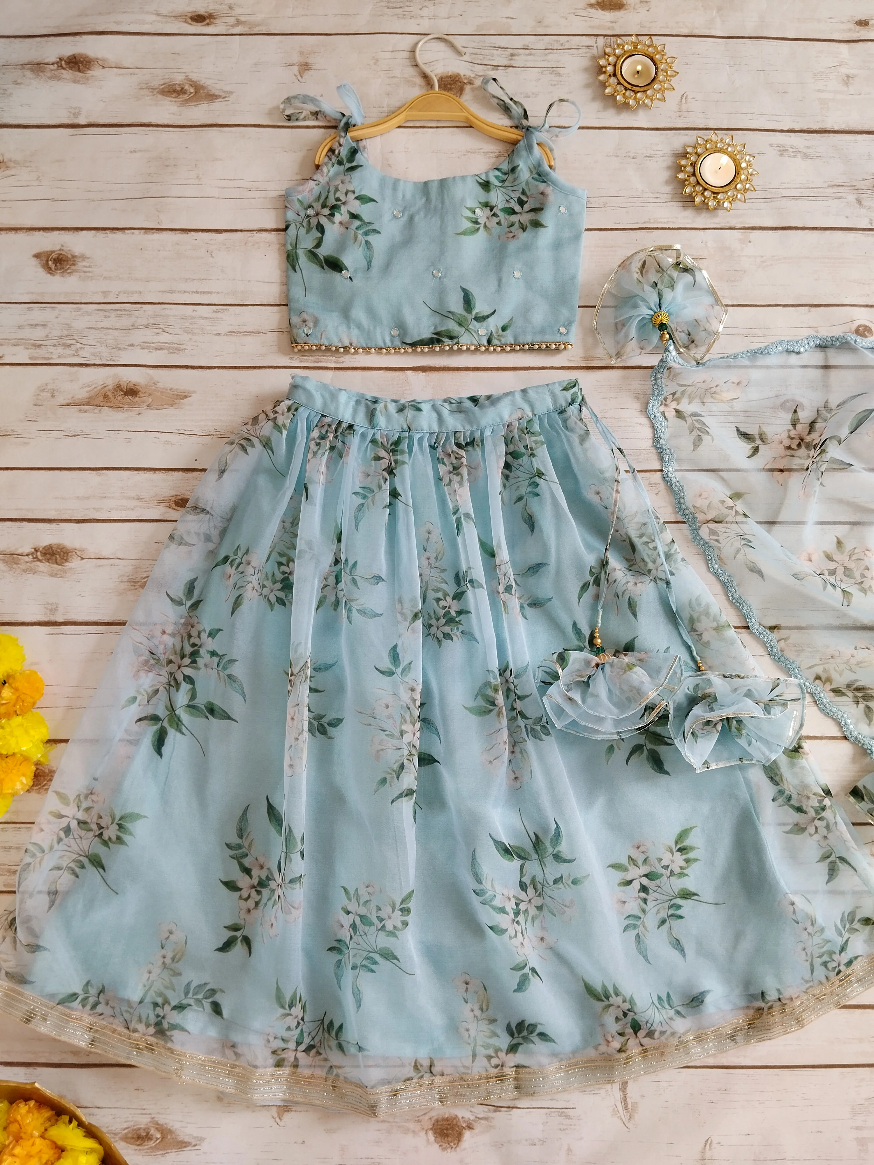 Kids’ Powder Blue Lehenga Set with Organza Dupatta