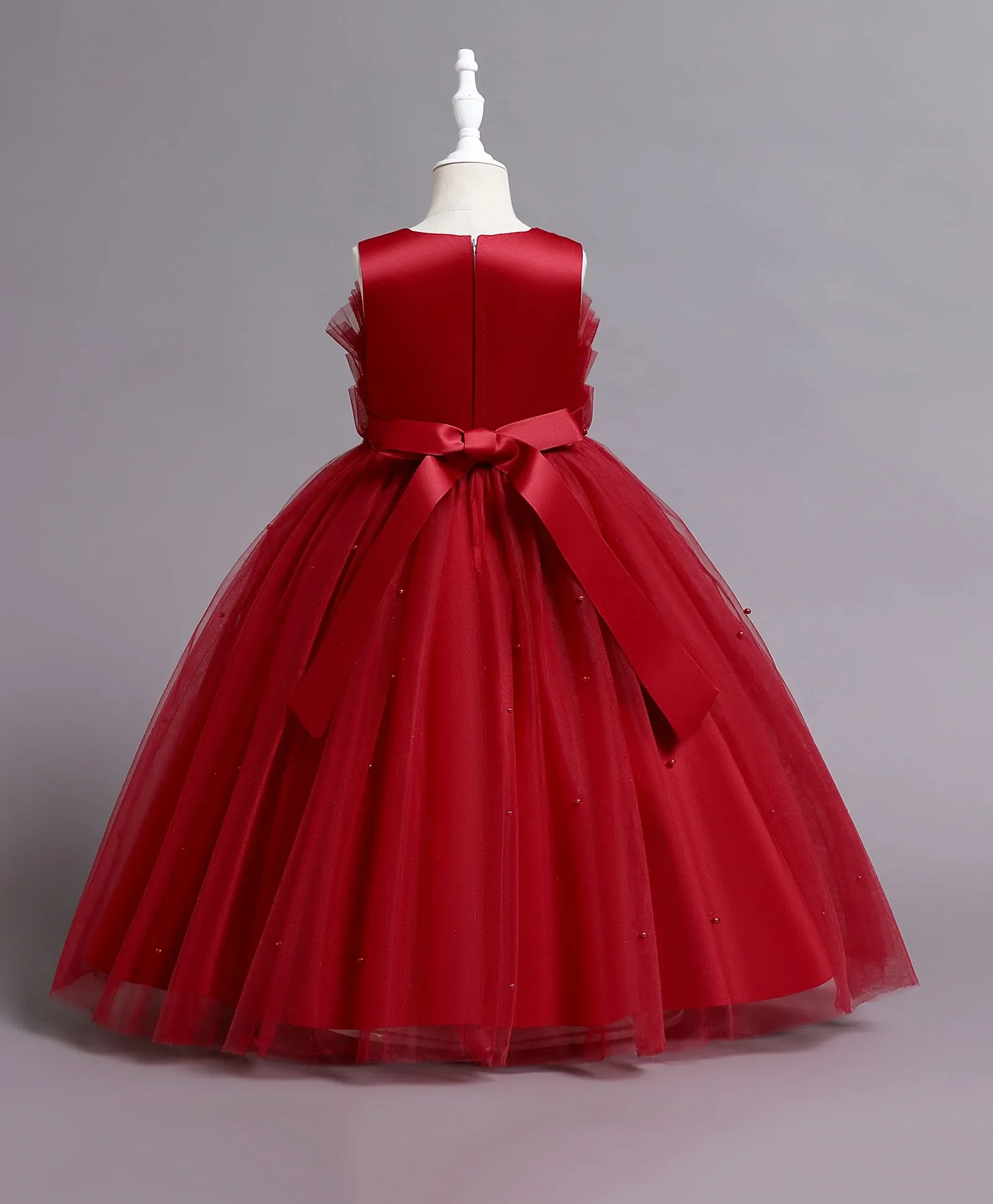 Kids’ Cherry Red Pleated Gown with Ruffled Sleeves