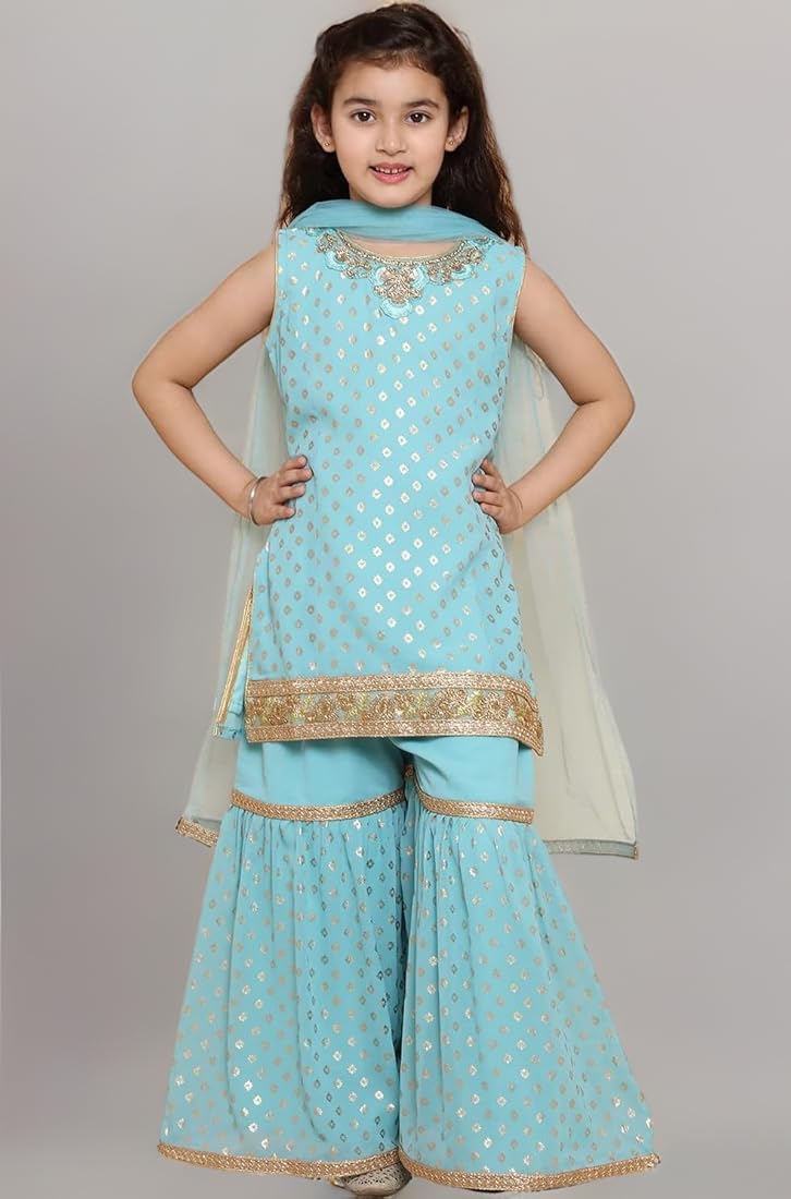 Kids’ Sky Blue Layered Kurti with Foil Printed Sharara Set