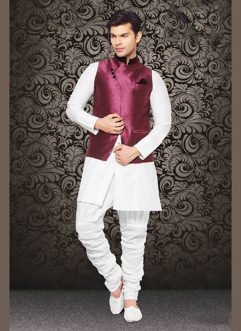 Men’s Wine Nehru Jacket with Contrast Pocket