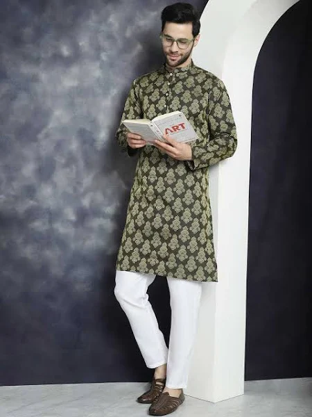 Men’s Olive Printed Kurta with Pajama