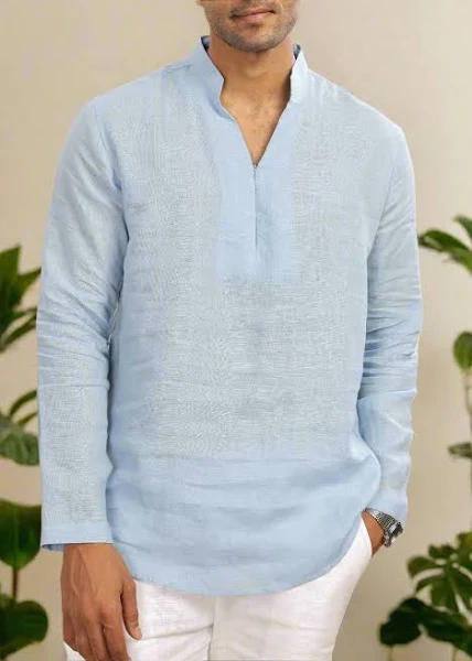 Men’s Sky Blue Linen Short Festive Kurta
