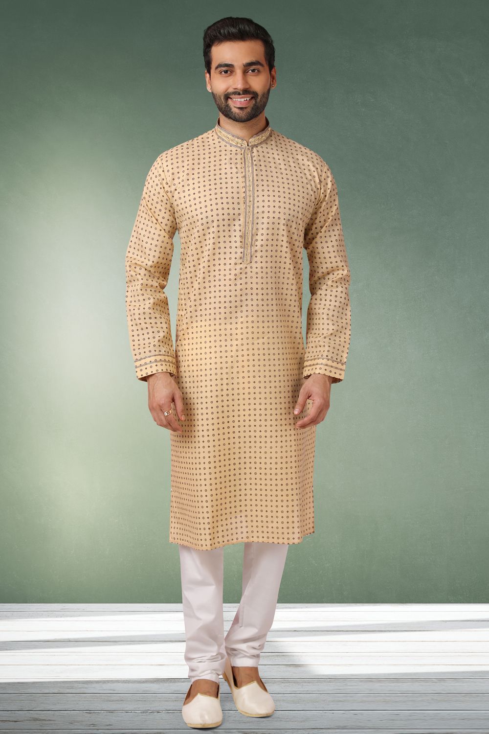Men’s Beige Printed Cotton Kurta with Pajama
