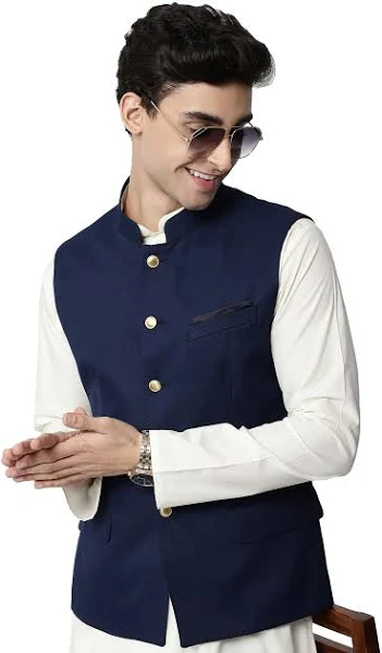 Men’s Ink Blue Nehru Jacket with Pocket Detail