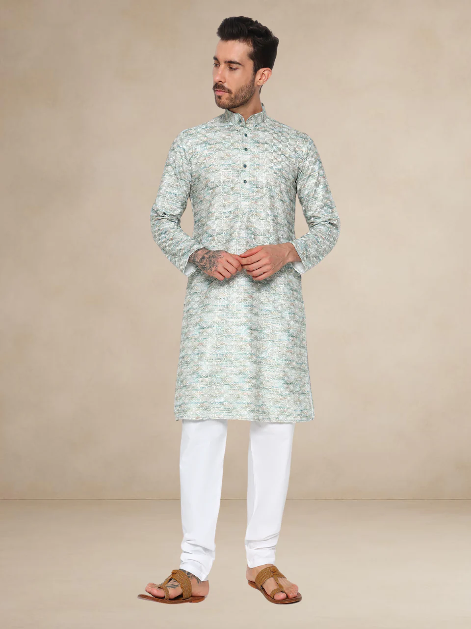 Men’s Mint Green Printed Kurta with Pajama Set