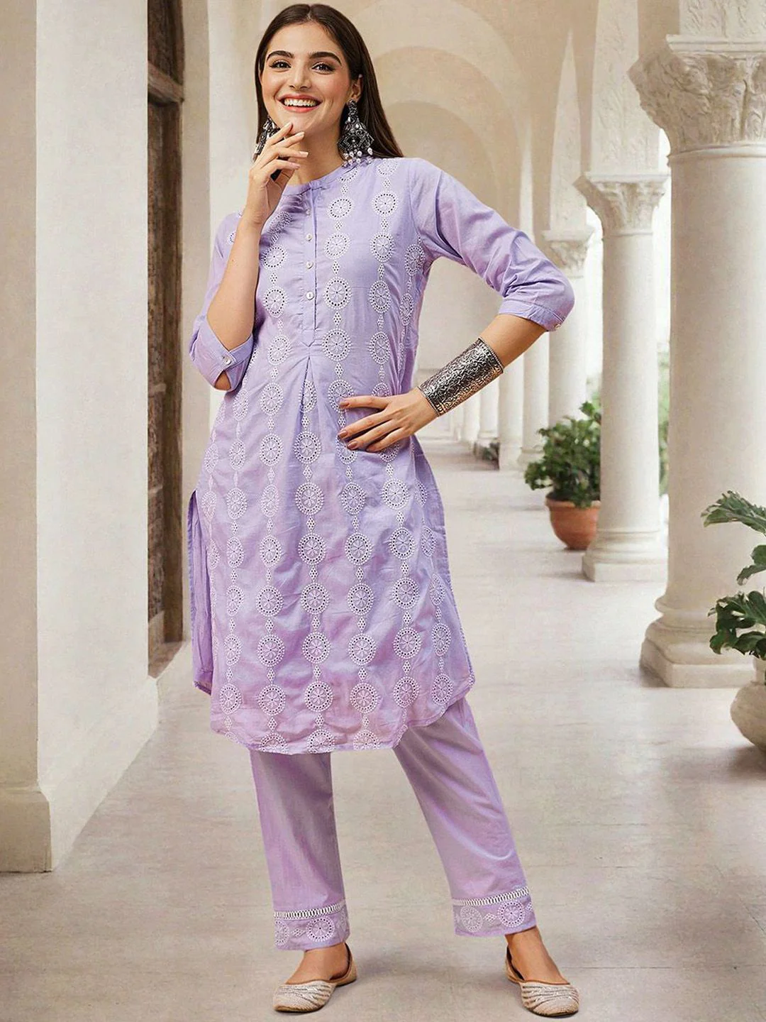 Lilac Embroidered Straight Cotton Kurta Set
