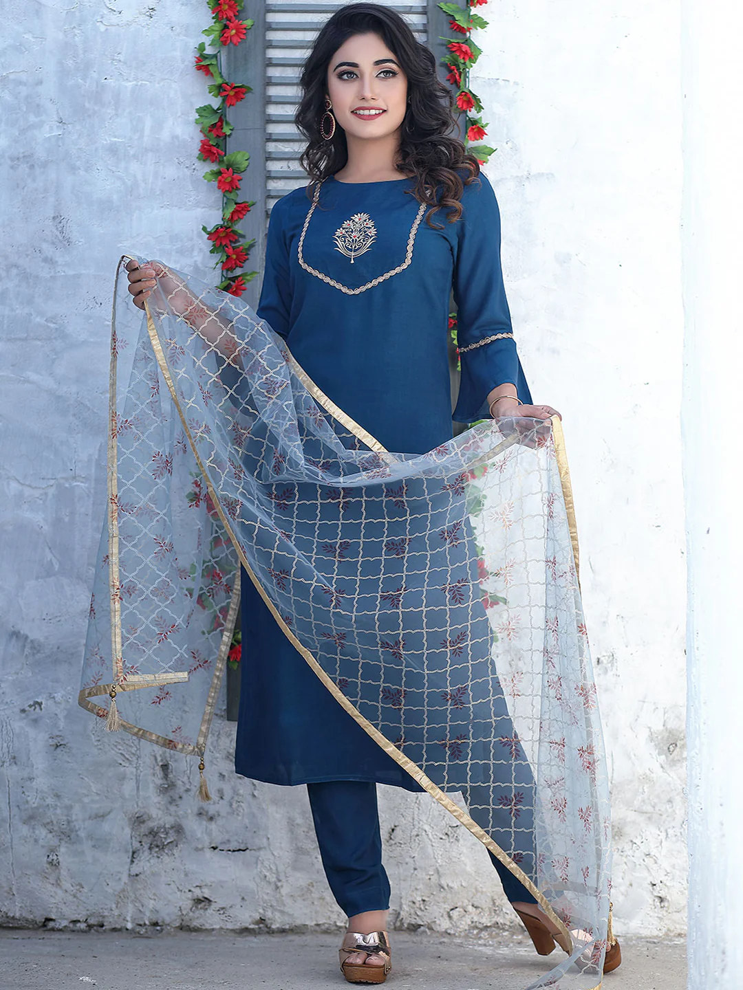 Teal Blue Embroidered Kurti with Pant & Dupatta