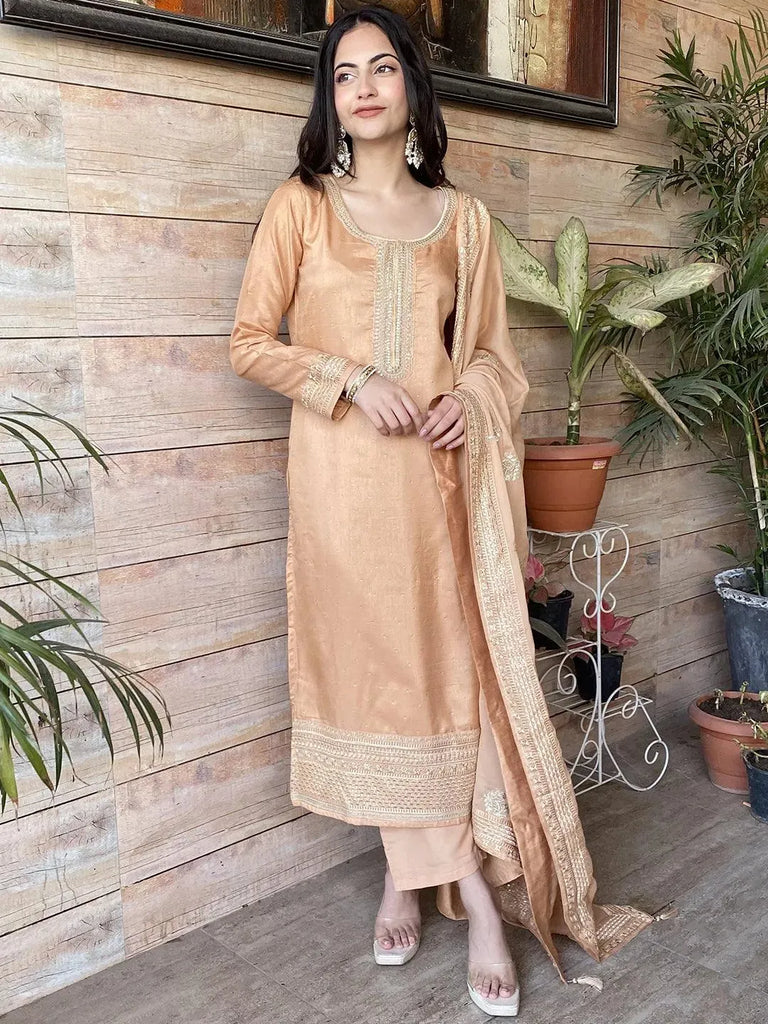 Pastel Peach Embroidered Straight Kurti Set