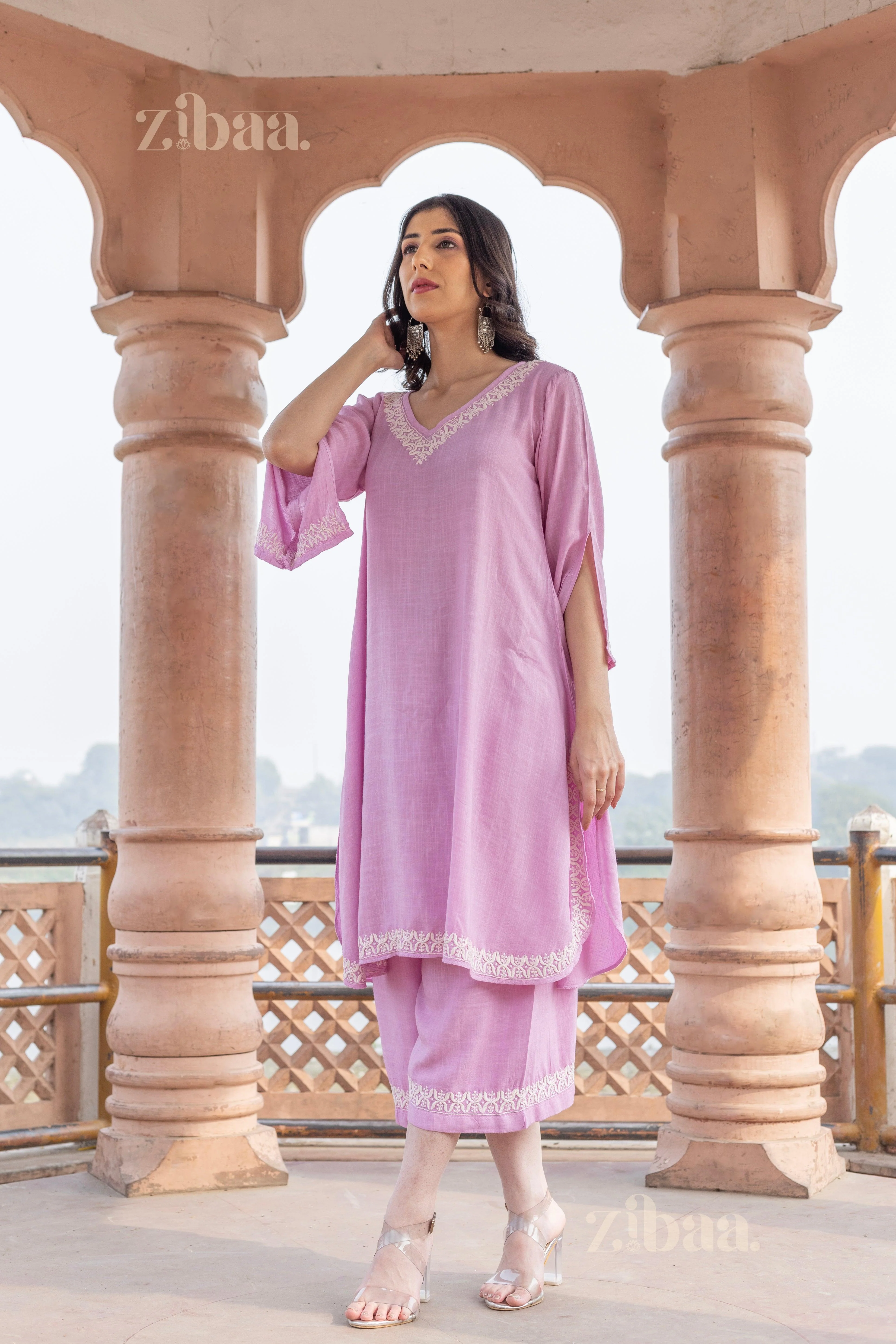 Soft Lilac Embroidered Kurti with Straight Pants