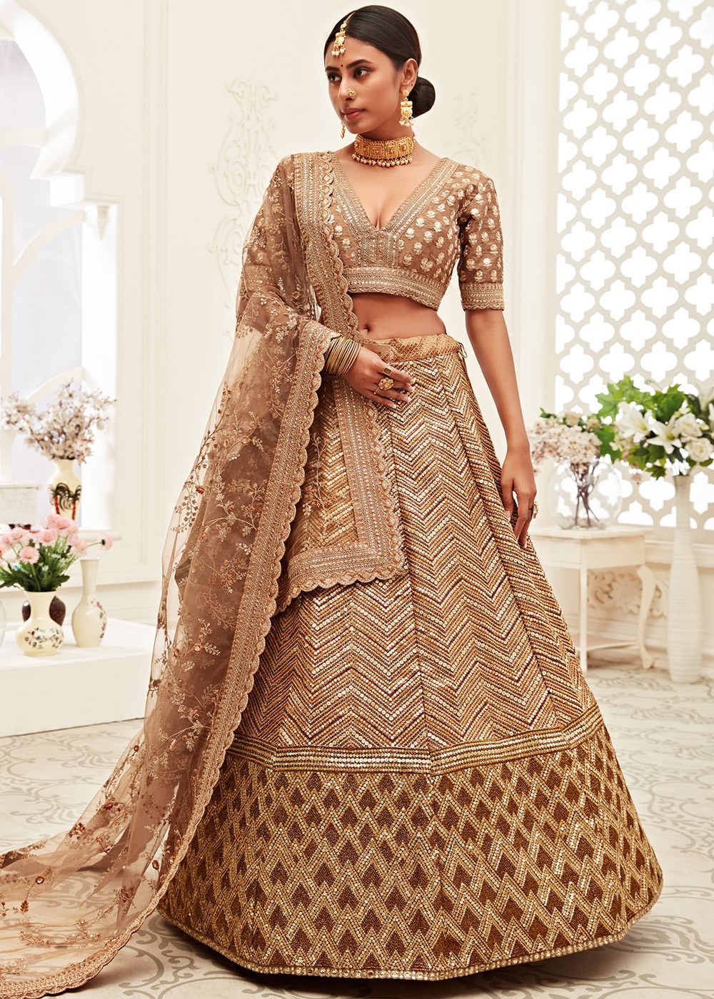 Bridal Golden Beige Hand Embroidered Silk Lehenga