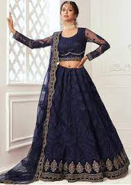 Bridal Midnight Blue Zardosi Embroidered Velvet Lehenga