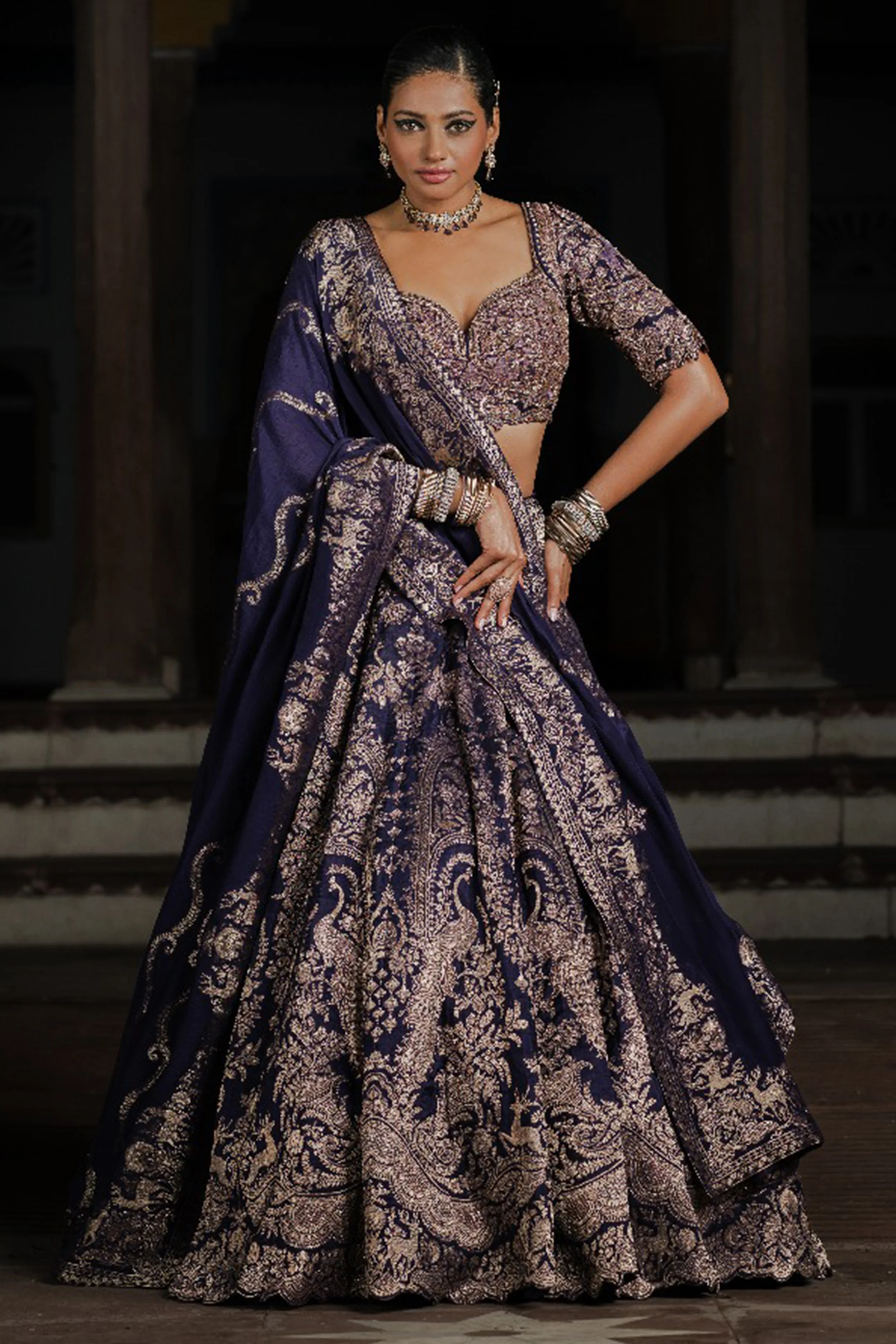 Bridal Navy Blue Zardozi Work Lehenga