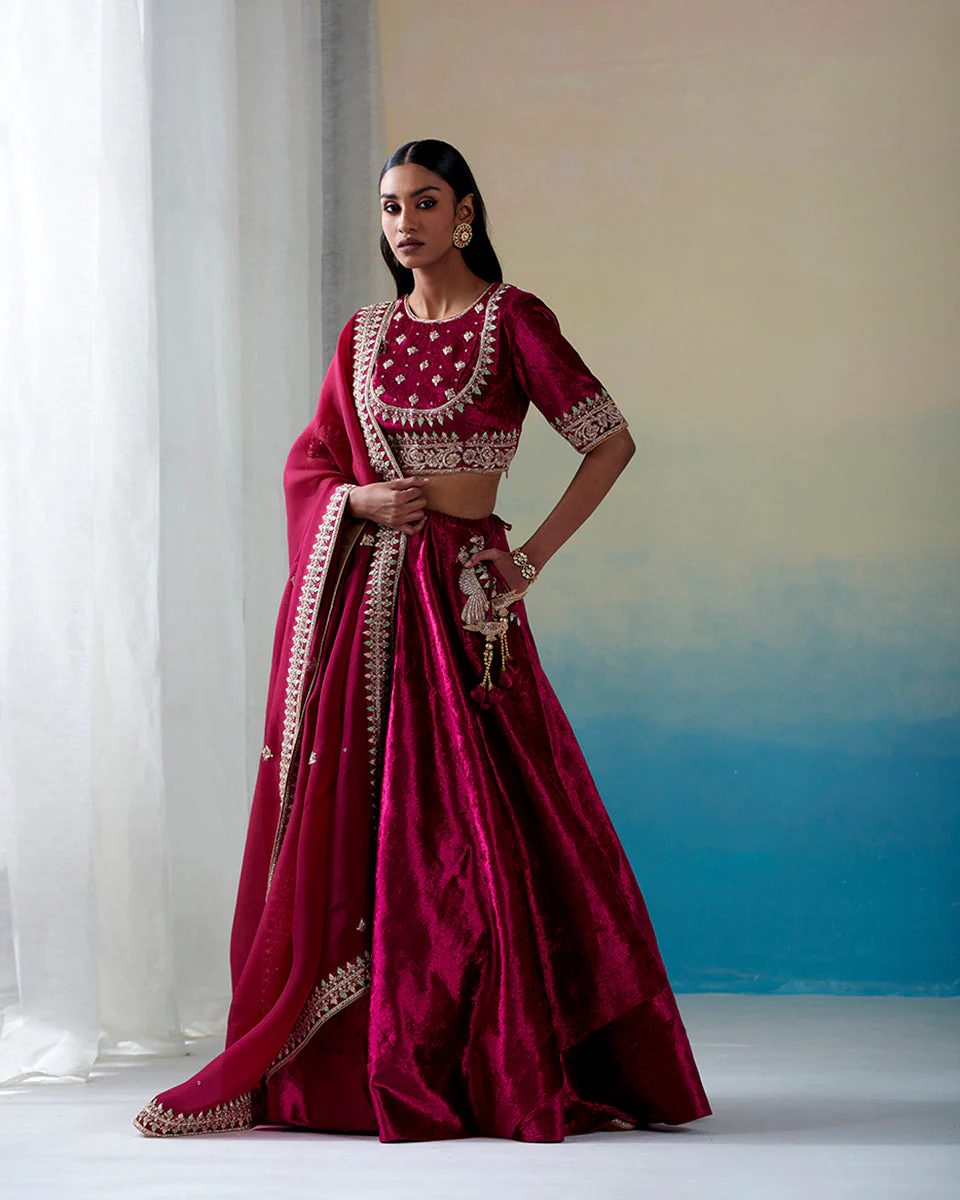 Bridal Fuchsia Handworked Velvet Lehenga