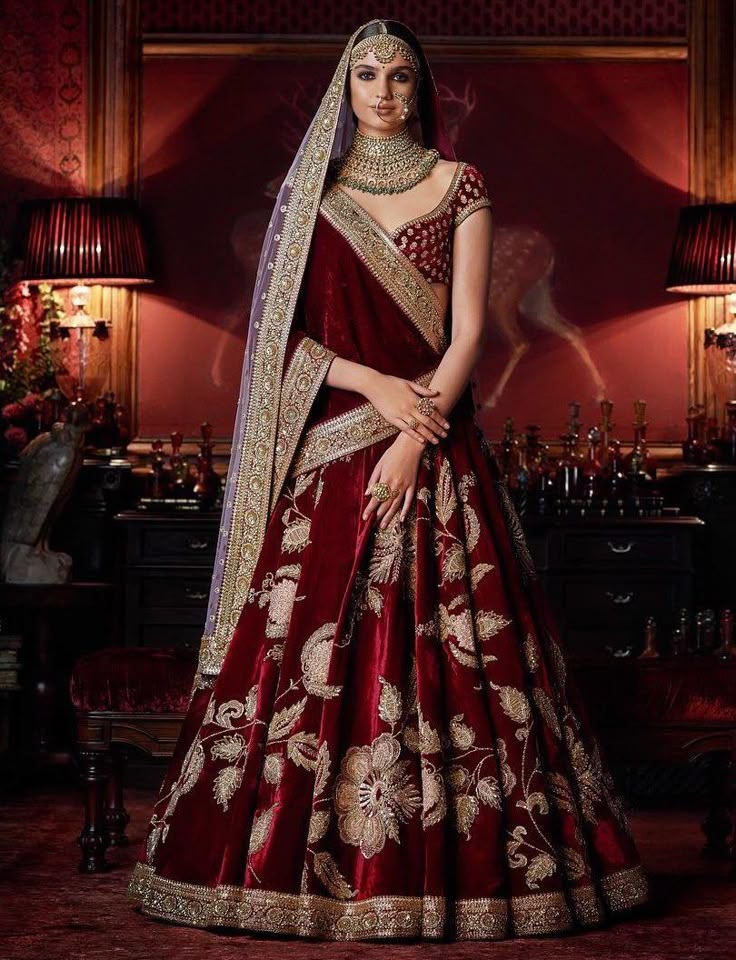 Bridal Maroon Velvet Zardozi Lehenga Set