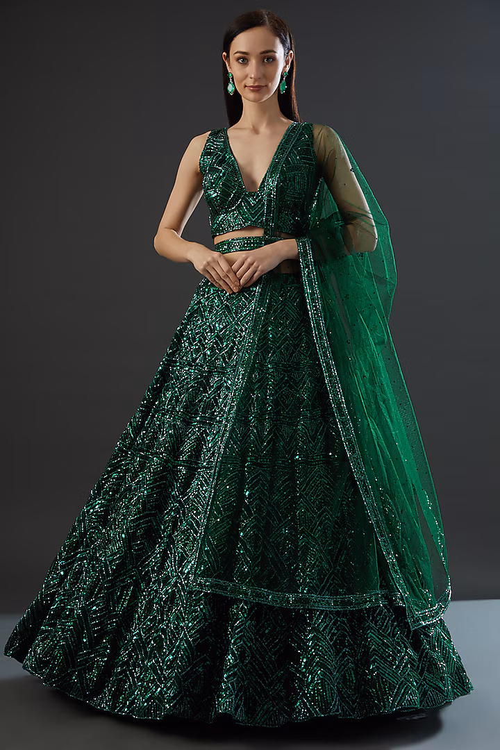 Bridal Emerald Green Embroidered Lehenga Set