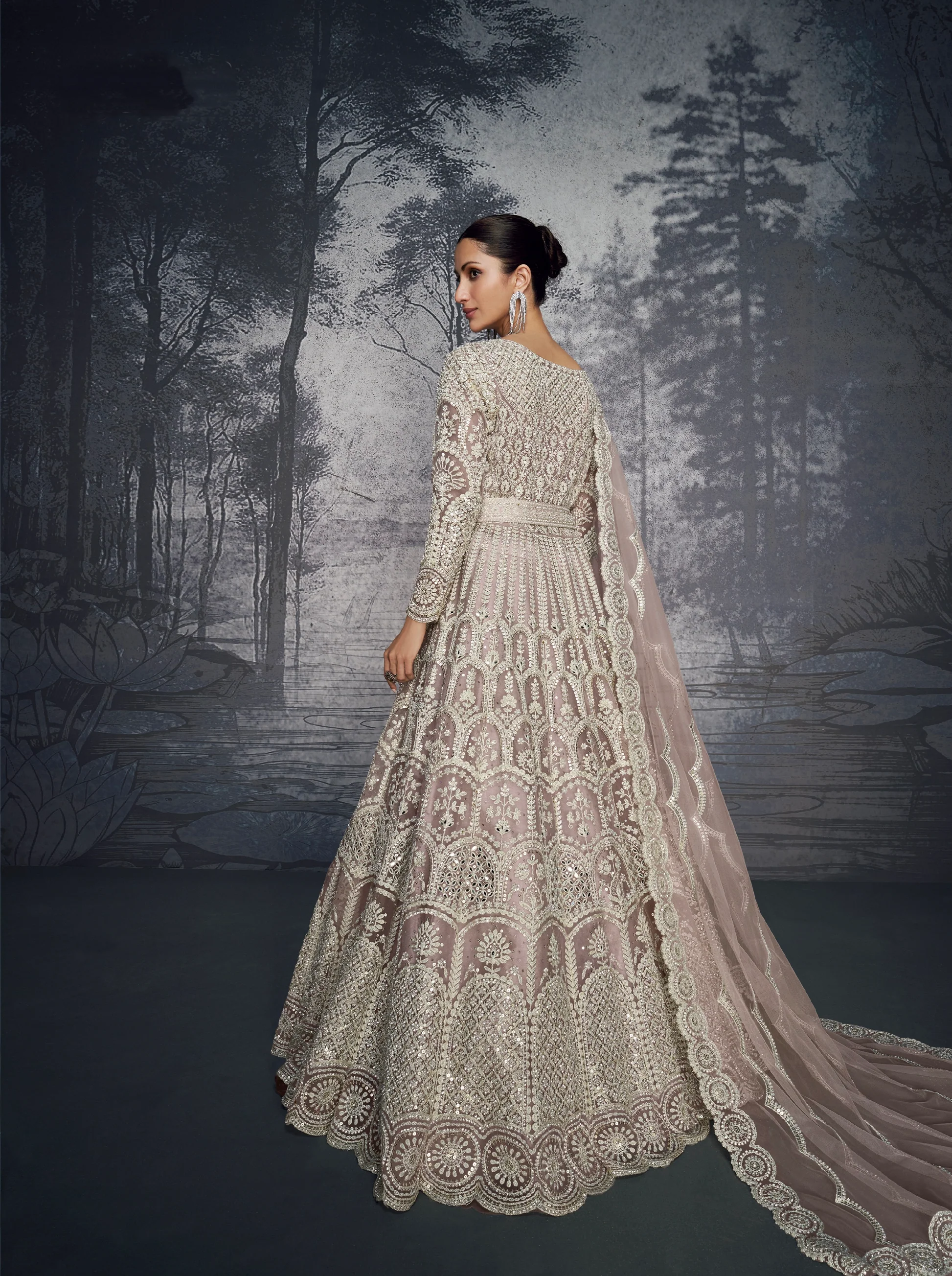 Bridal Ivory Embroidered Net Lehenga with Mirror Work