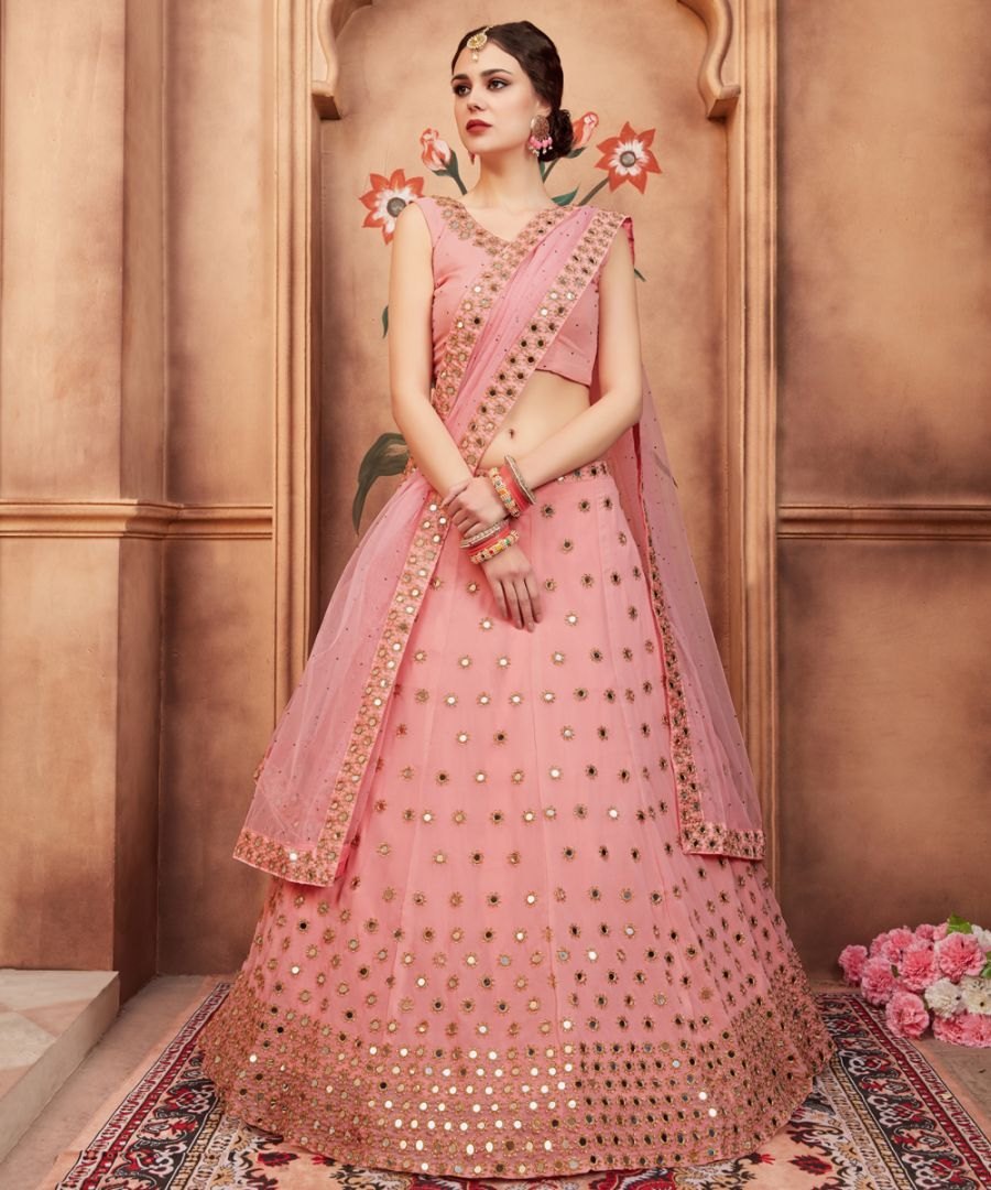 Bridal Peach Pink Sequin and Mirror Work Lehenga