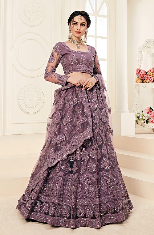 Bridal Mauve Heavy Embroidered Velvet Lehenga