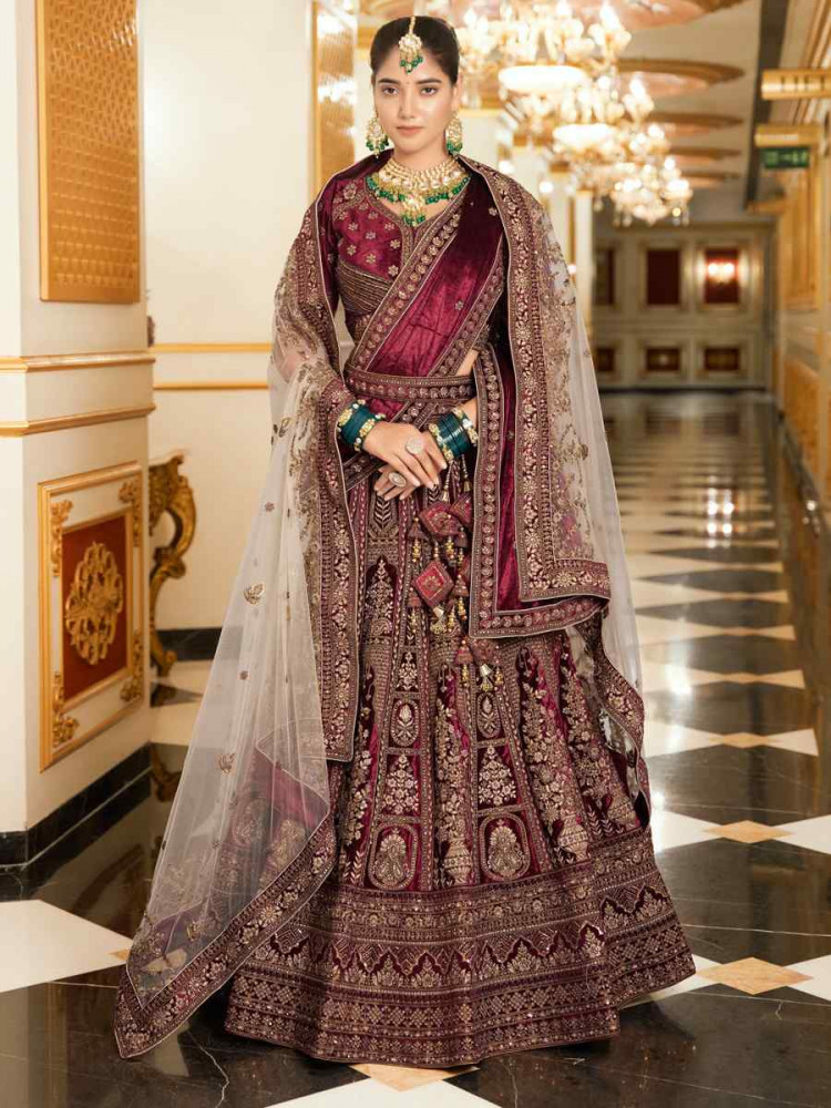 Bridal Wine Red Heavy Embroidered Net Lehenga