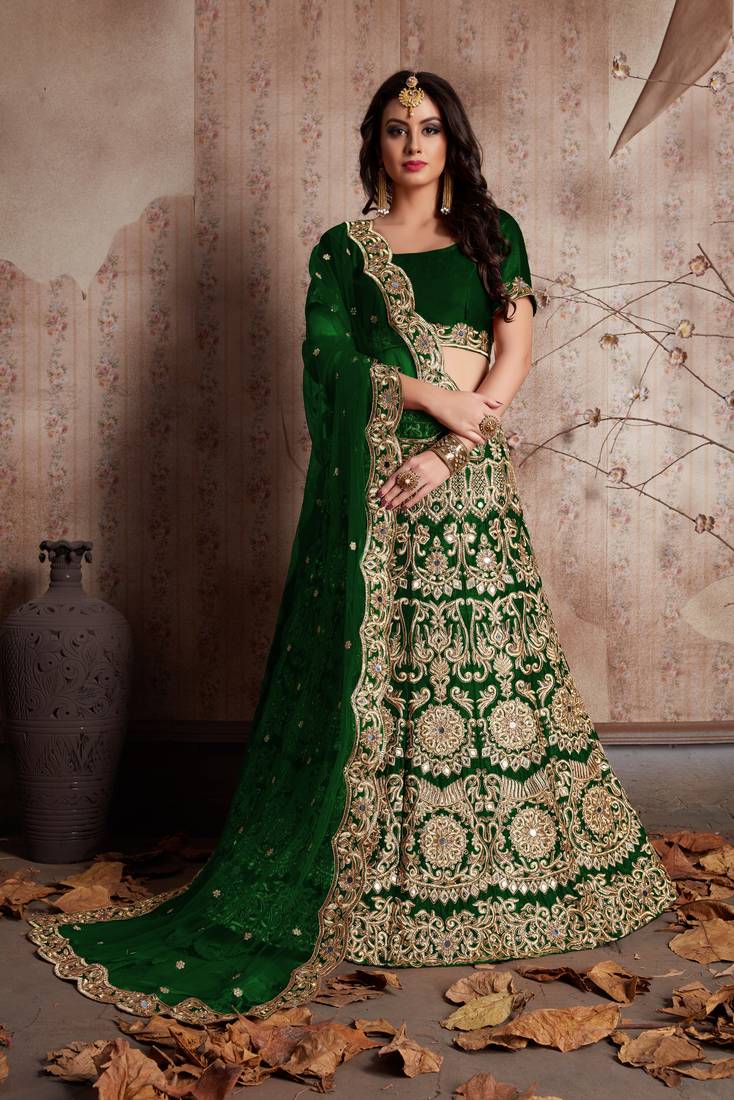 Bridal Emerald Green Zari Embroidered Velvet Lehenga