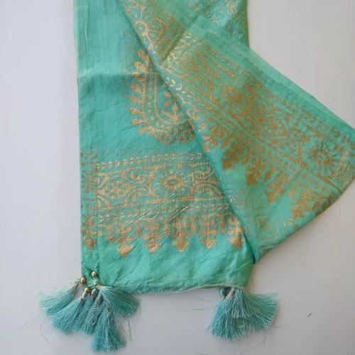 Turquoise Blue Silk Dupatta with Silver Foil Design