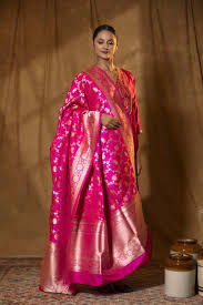 Fuchsia Pink Silk Dupatta with Golden Border & Mirror Work