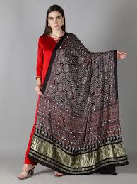 Charcoal Black Ajrakh Print Cotton Dupatta
