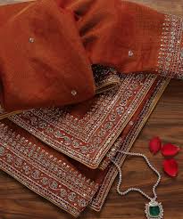 Rust Orange Handloom Cotton Dupatta with Woven Border