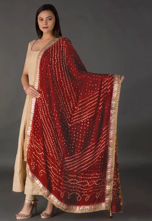 Maroon and Beige Bandhej Printed Silk Dupatta