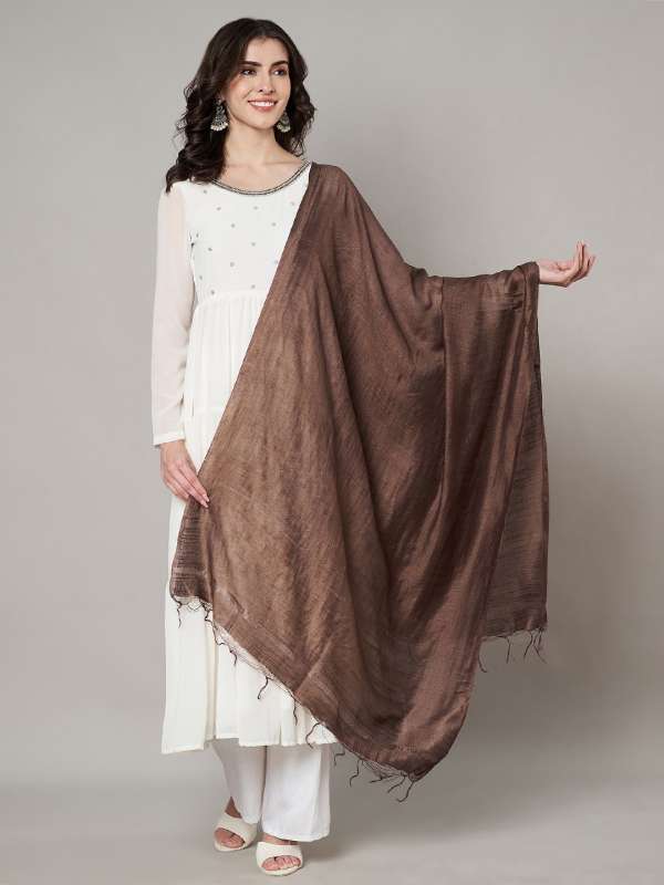 Coffee Brown Handloom Cotton Dupatta with Tassel Edging