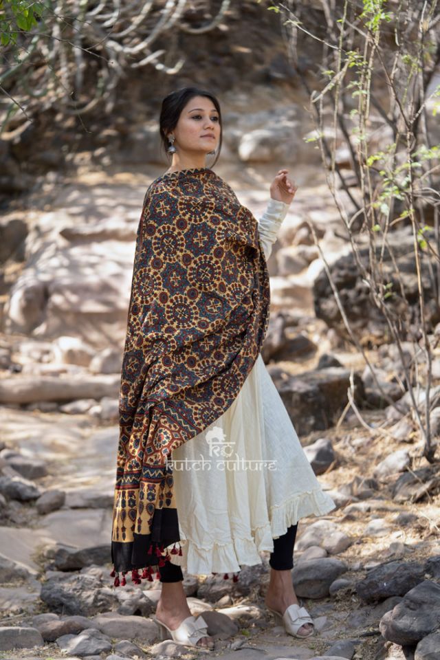 Beige and Indigo Ajrakh Cotton Dupatta