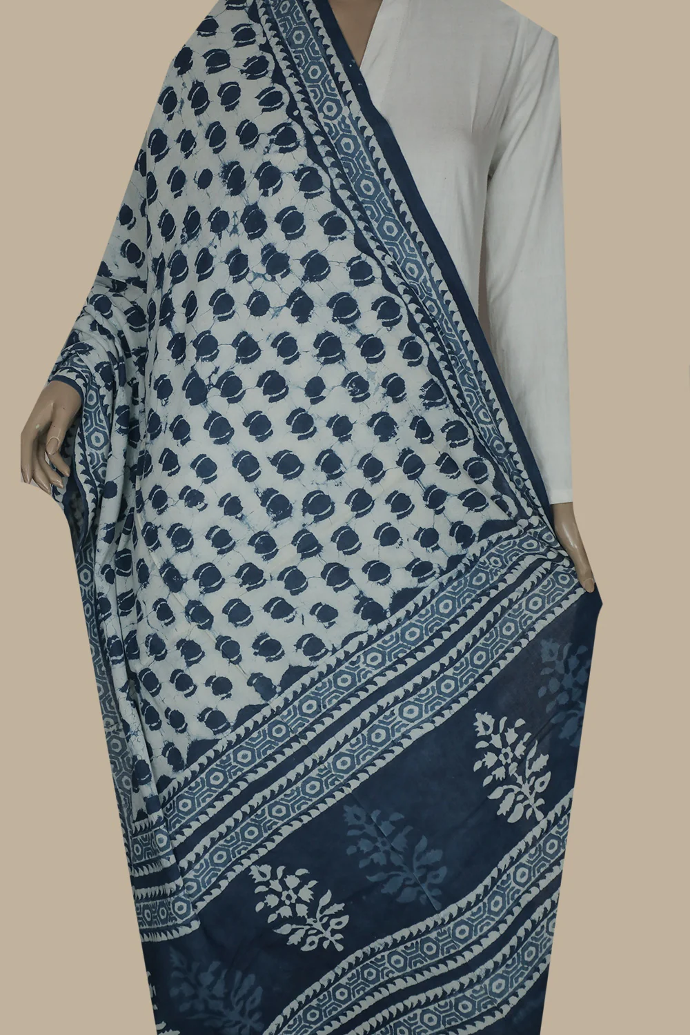 Indigo and Cream Handblock Cotton Dupatta