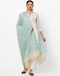 Turquoise Blue Printed Chanderi Dupatta