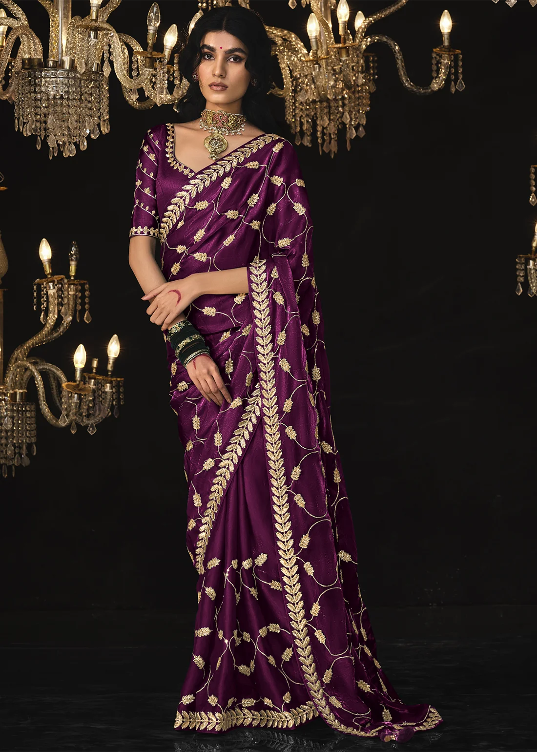 Wine Purple Banarasi Tissue Silk Saree