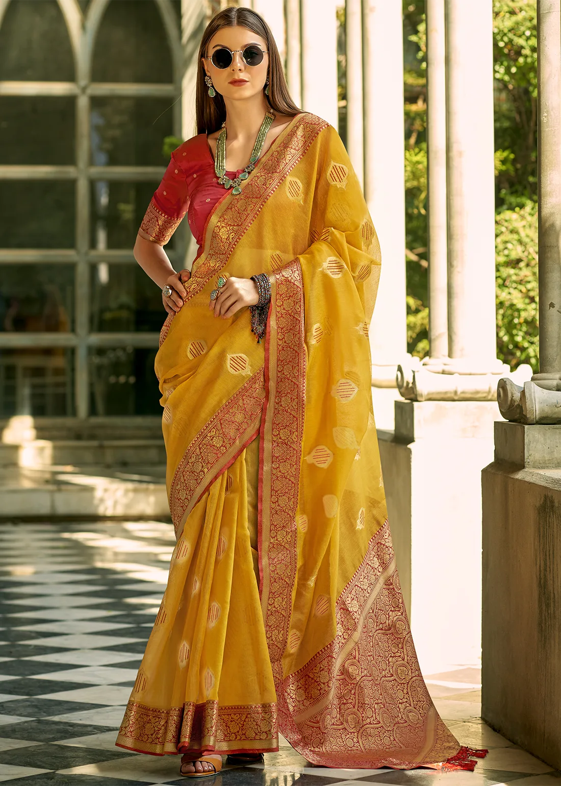 Mustard Yellow Banarasi Silk Saree with Border