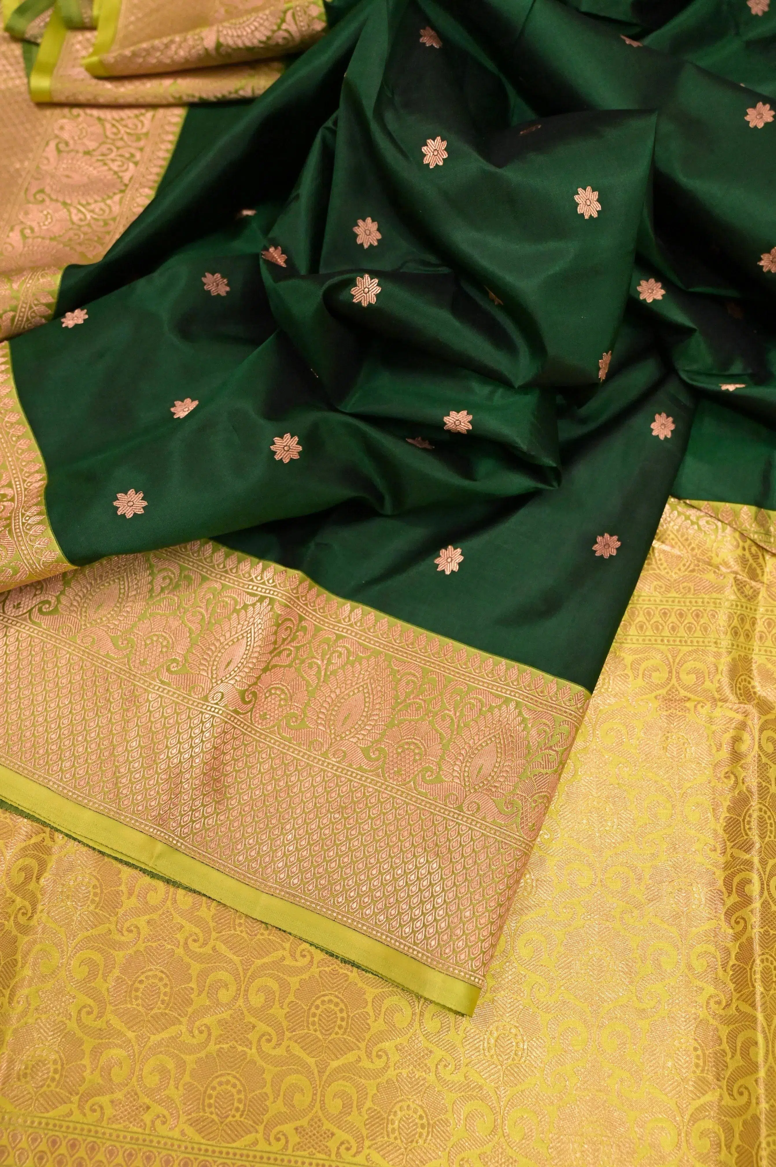 Bottle Green Banarasi Saree with Golden Buti Work