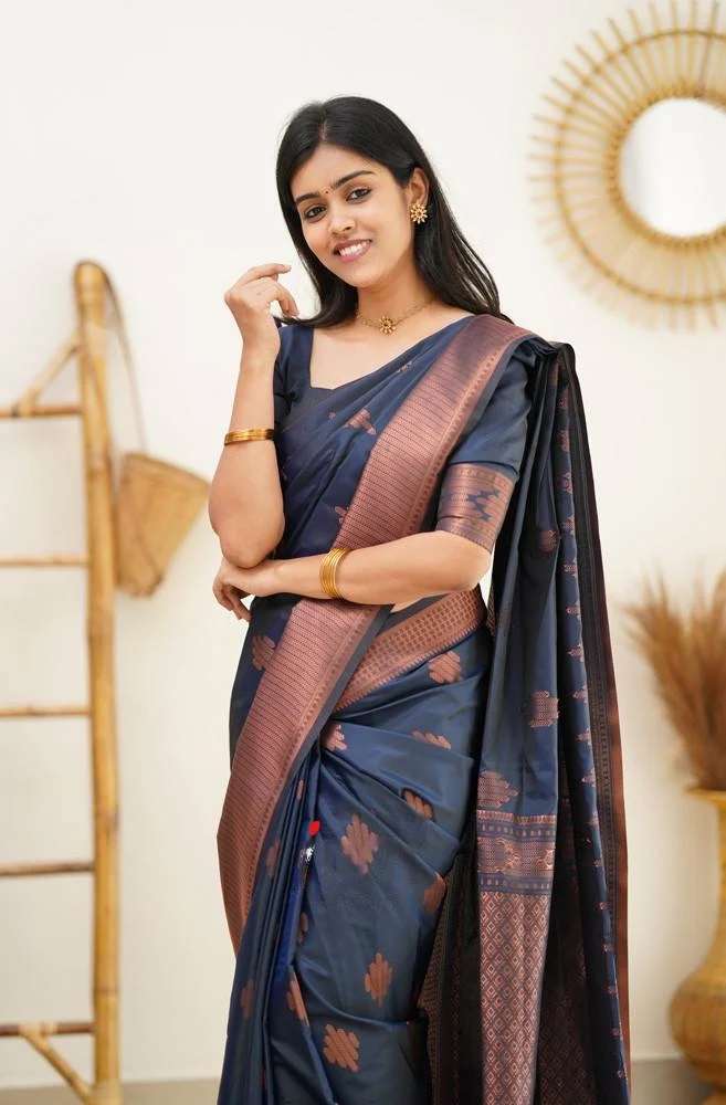 Midnight Blue Banarasi Saree with Copper Border