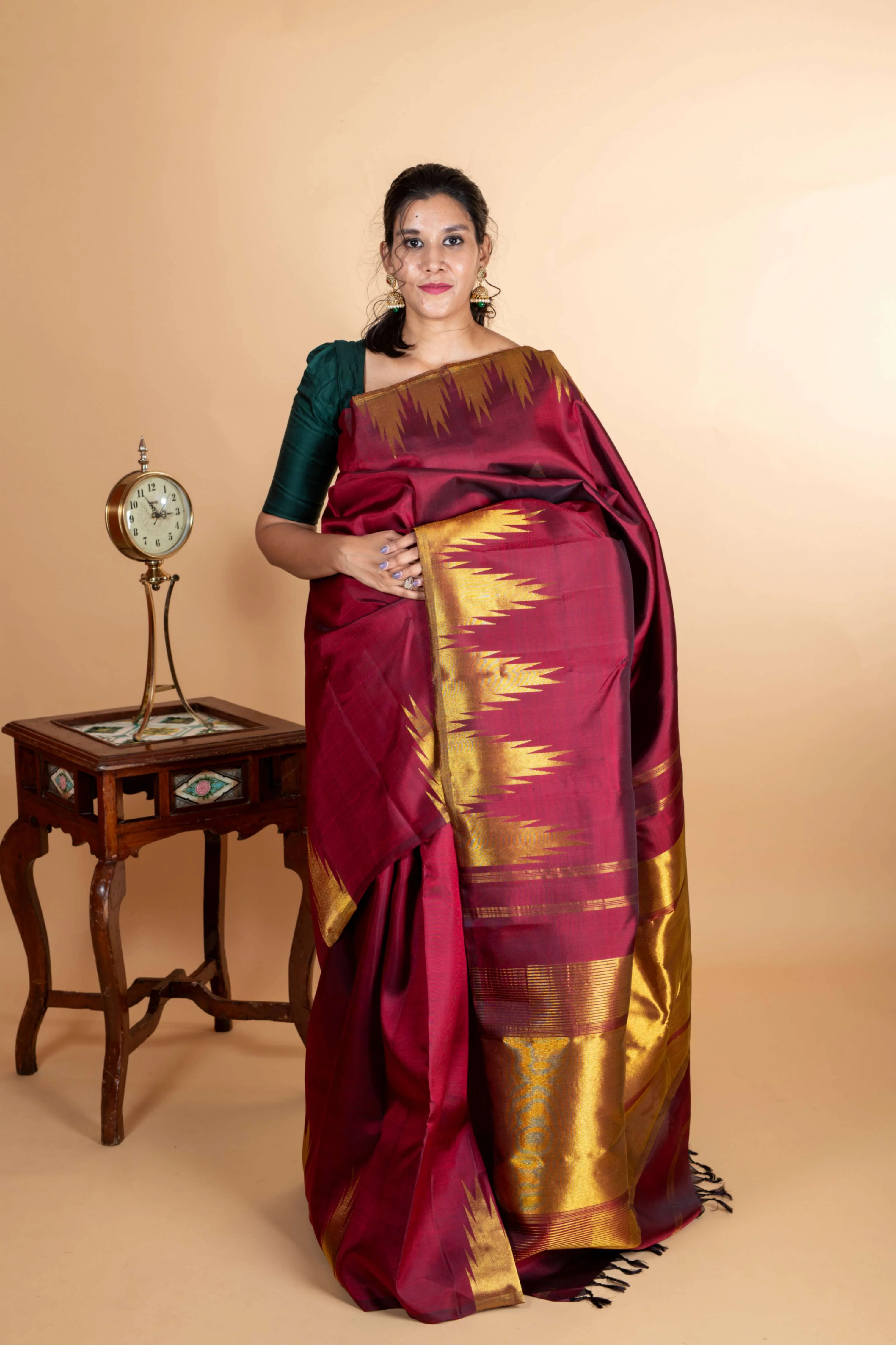 Maroon Kanjivaram Silk Saree with Temple Border