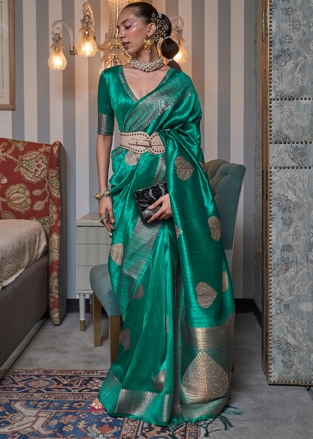 Emerald Green Banarasi Saree with Copper Weave