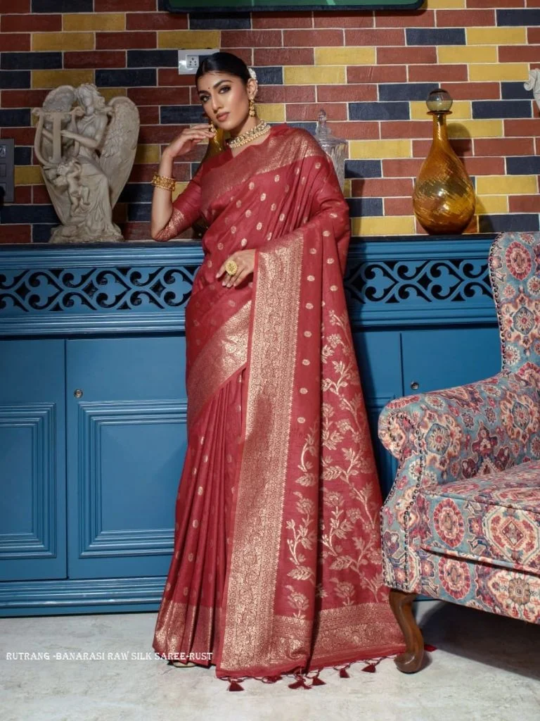 Rust Red Traditional Banarasi Saree with Zari Weaving
