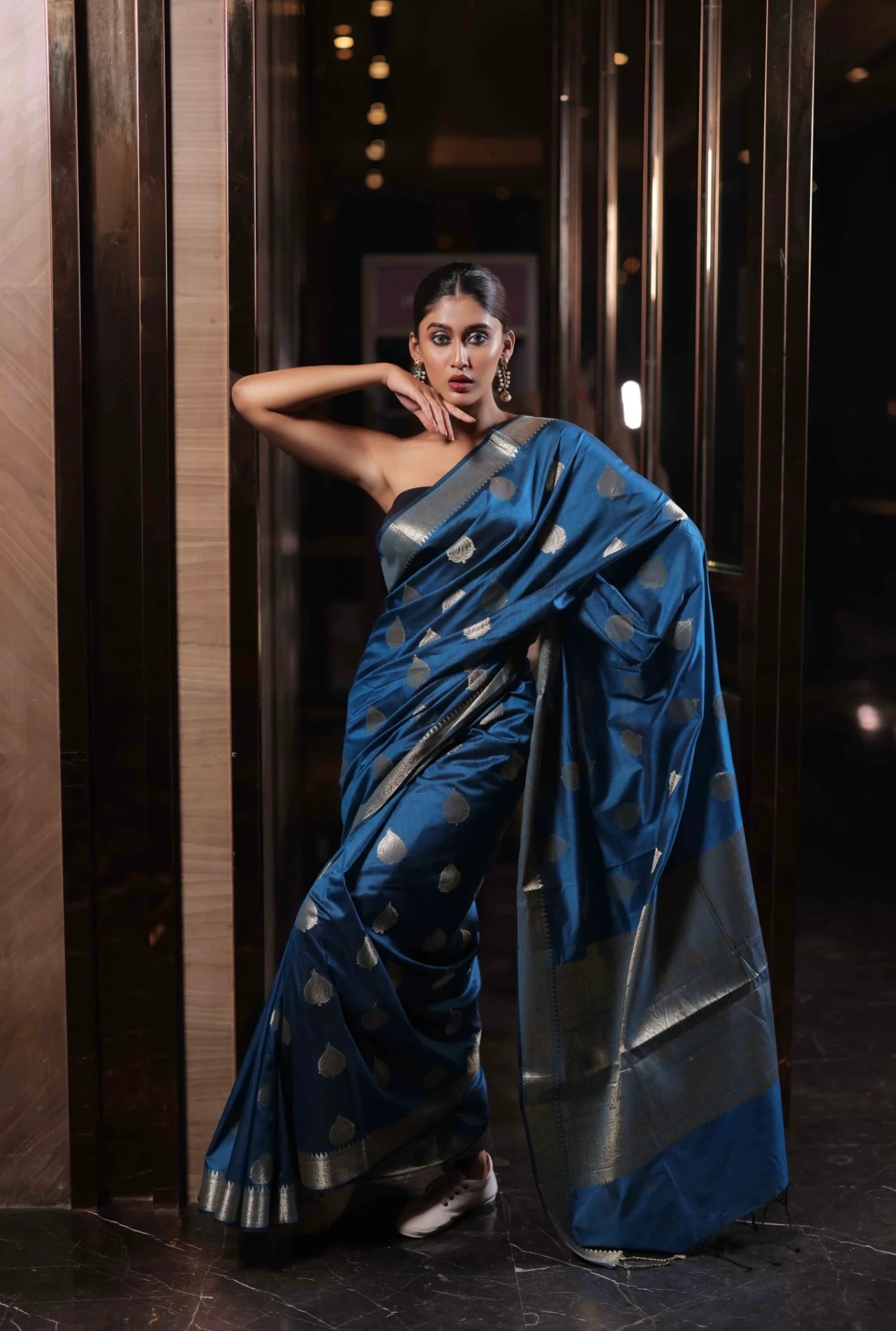 Sapphire Blue Banarasi Saree with Golden Motifs