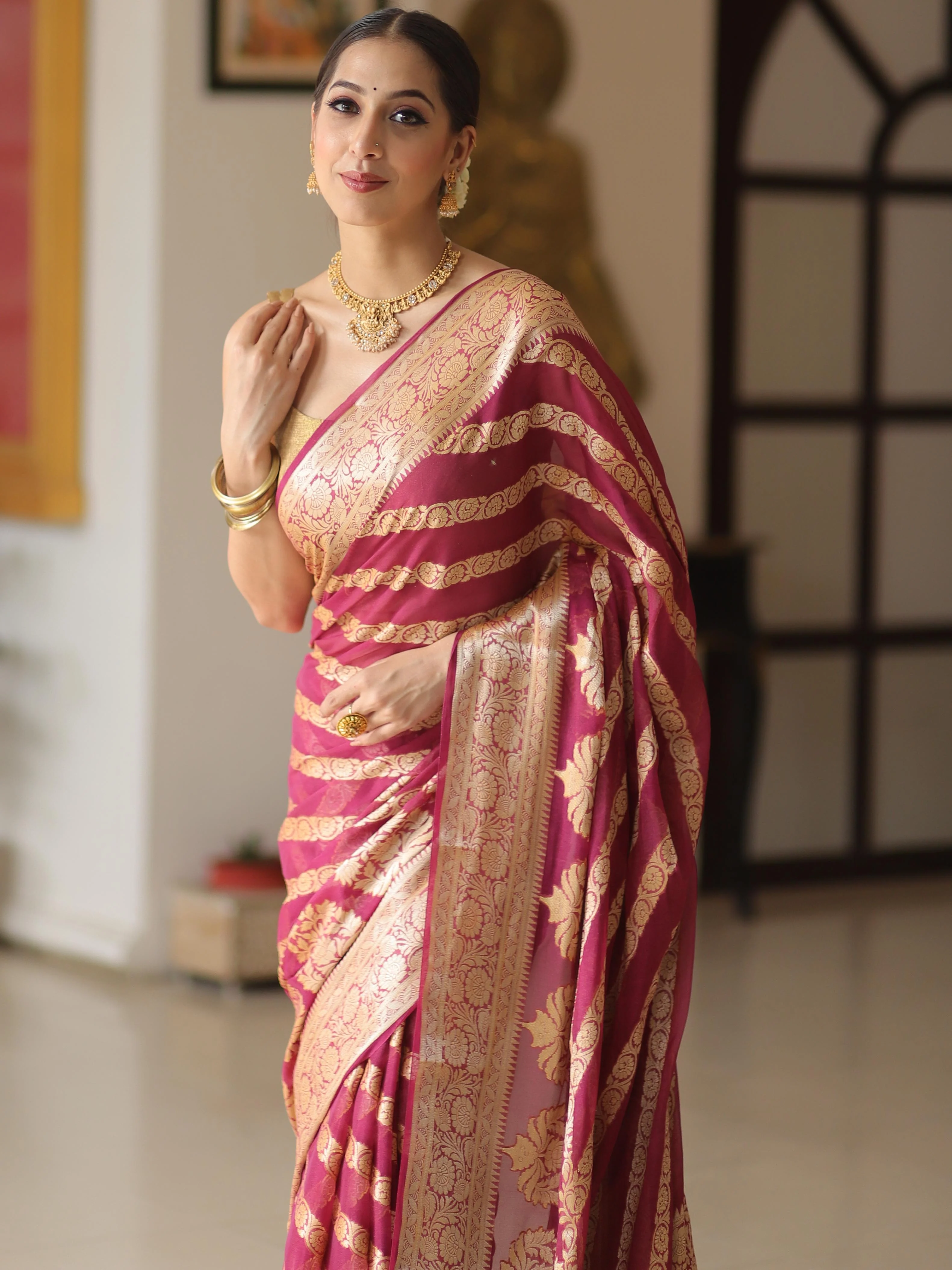 Rose Gold Banarasi Saree with Antique Zari Border