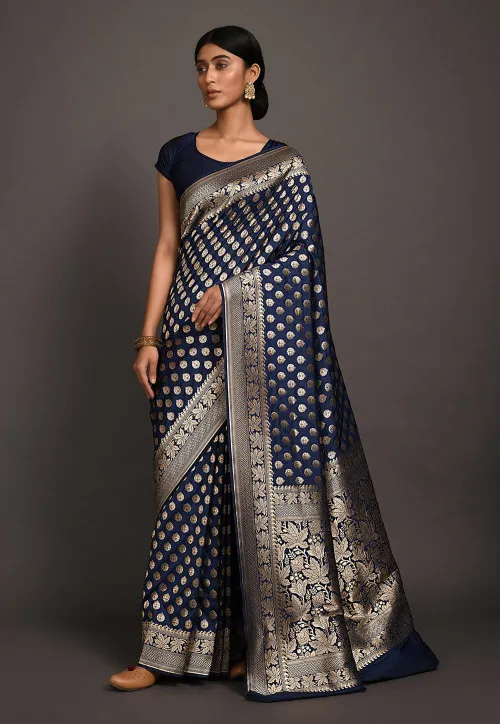 Deep Navy Banarasi Saree with Contrast Silver Pallu