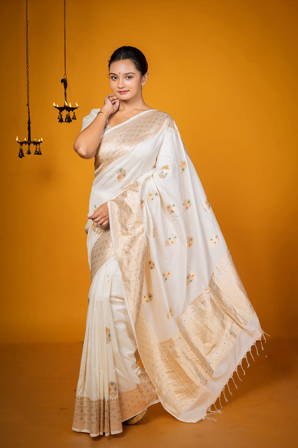 Golden Beige Banarasi Saree with Meenakari Motifs