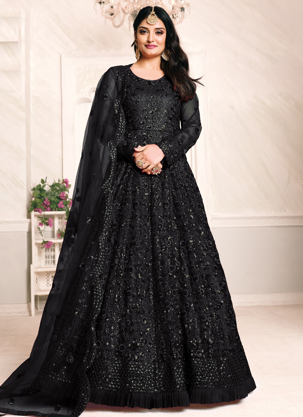 Black Floor Length Sequined Anarkali Gown