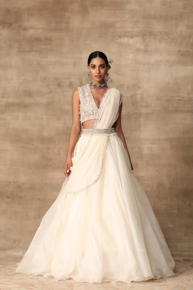 Pearl White Layered Net Anarkali with Belt