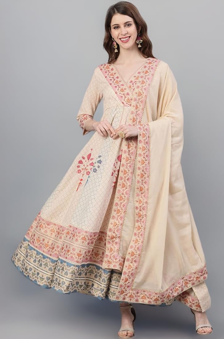 Beige Gold Foil Print Anarkali with Dupatta