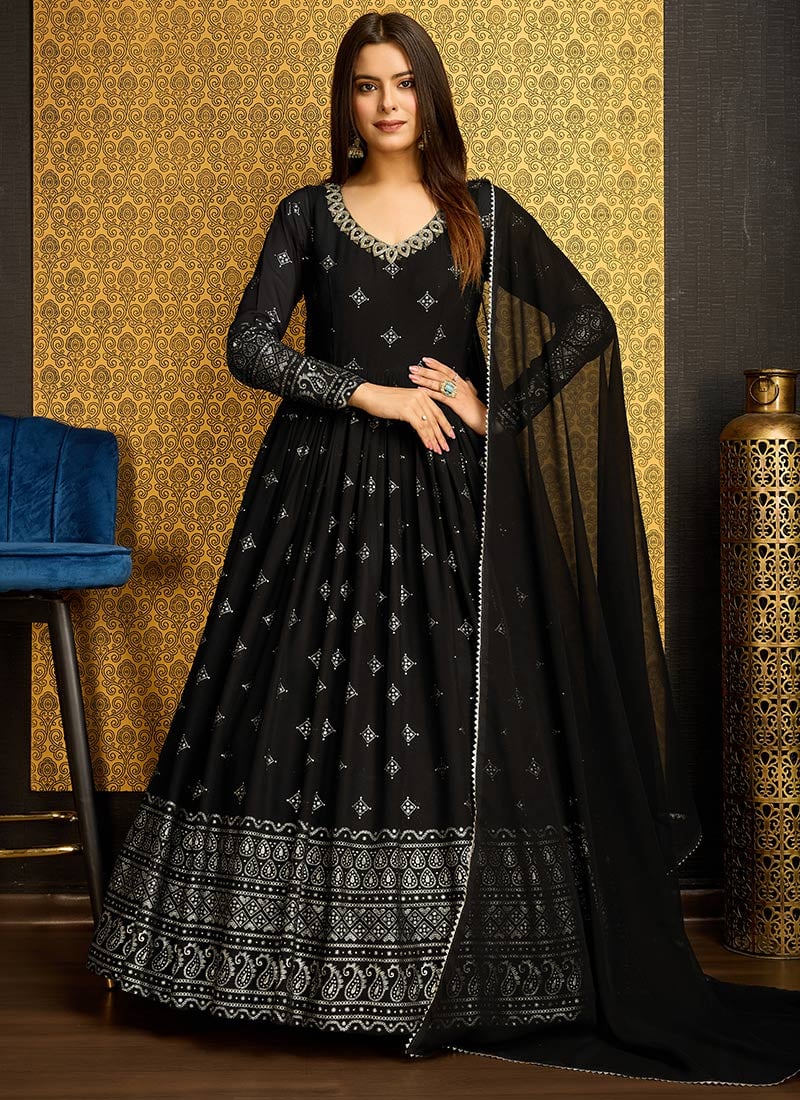 Black and Gold Foil Print Anarkali Gown